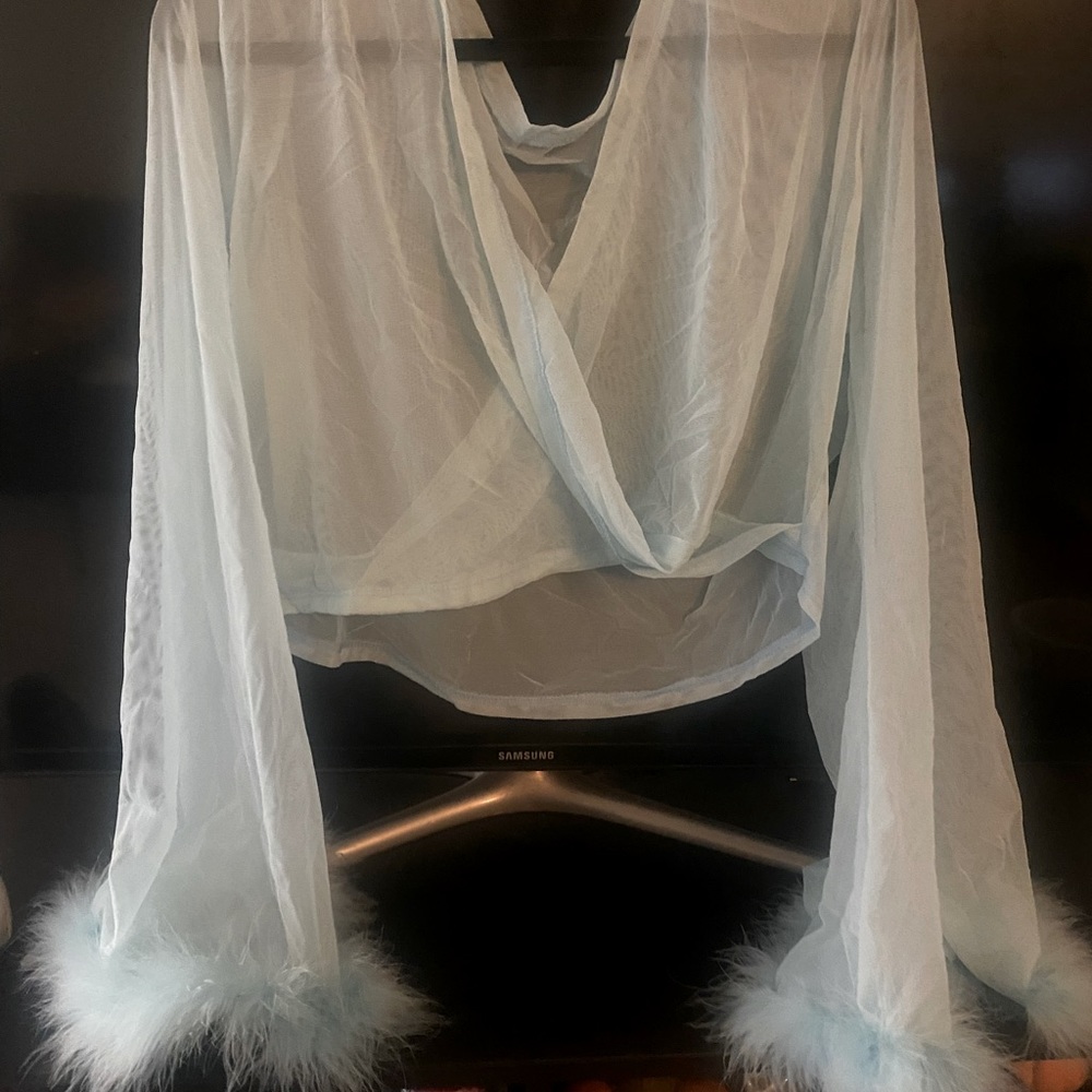 Tasteful girls light blue mesh wrap top with fluffy bell sleeves size 2x